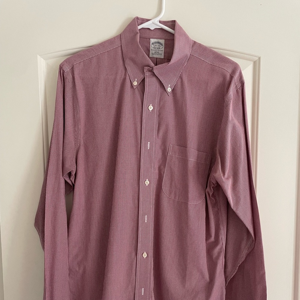 Non-Iron Brooks Brothers Slim Fit Maroon Checkered Dress Shirt